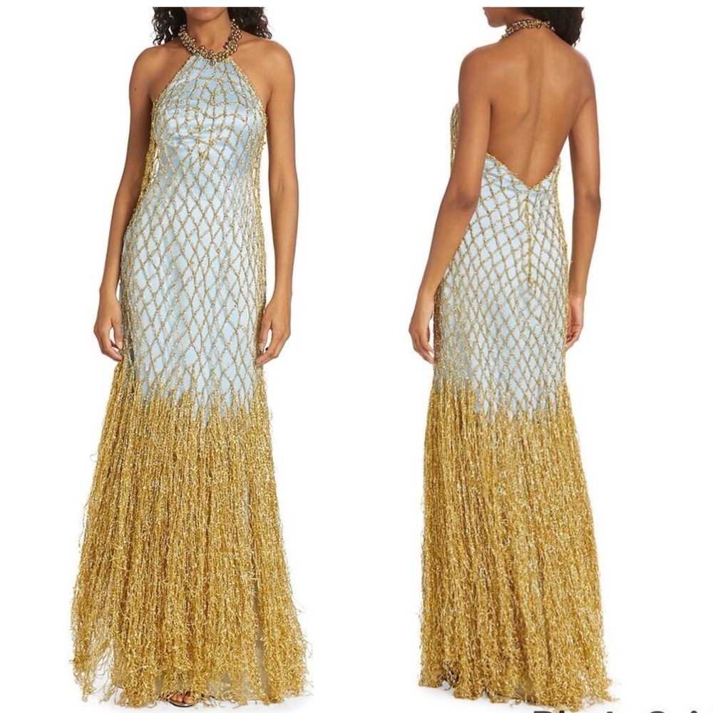 Ozgur Masur Women's Halter Neck Fringe Beaded Gown - Blue Gold Maxi Dress